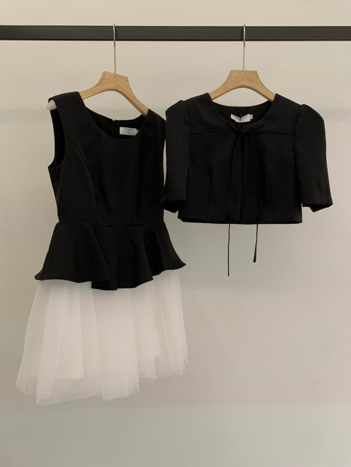【set】フロントリボンボレロ×チュールドッキングミニワンピースセット   N3637
