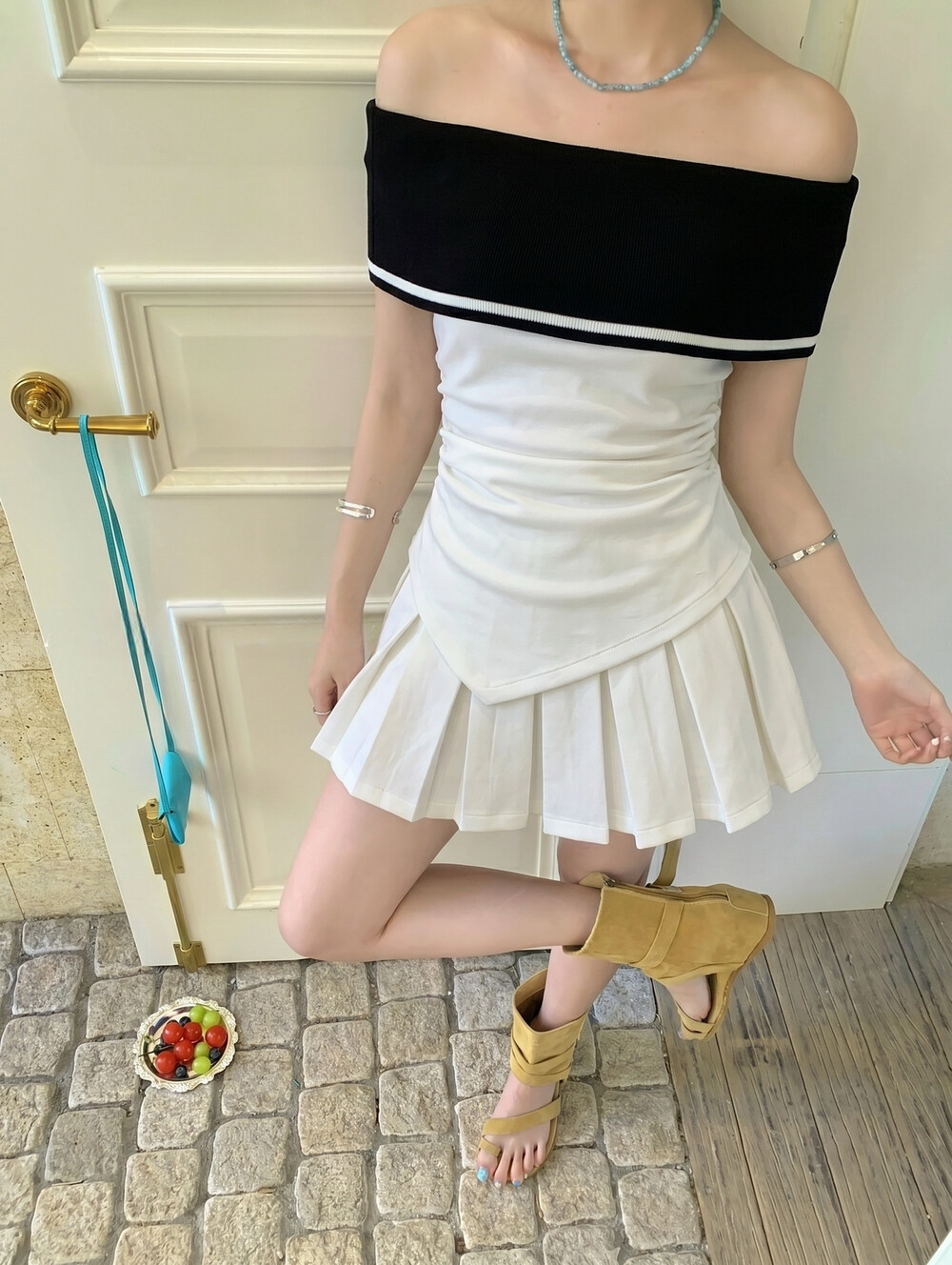 【set】オフショルトップス×プリーツスカートセット   N3659