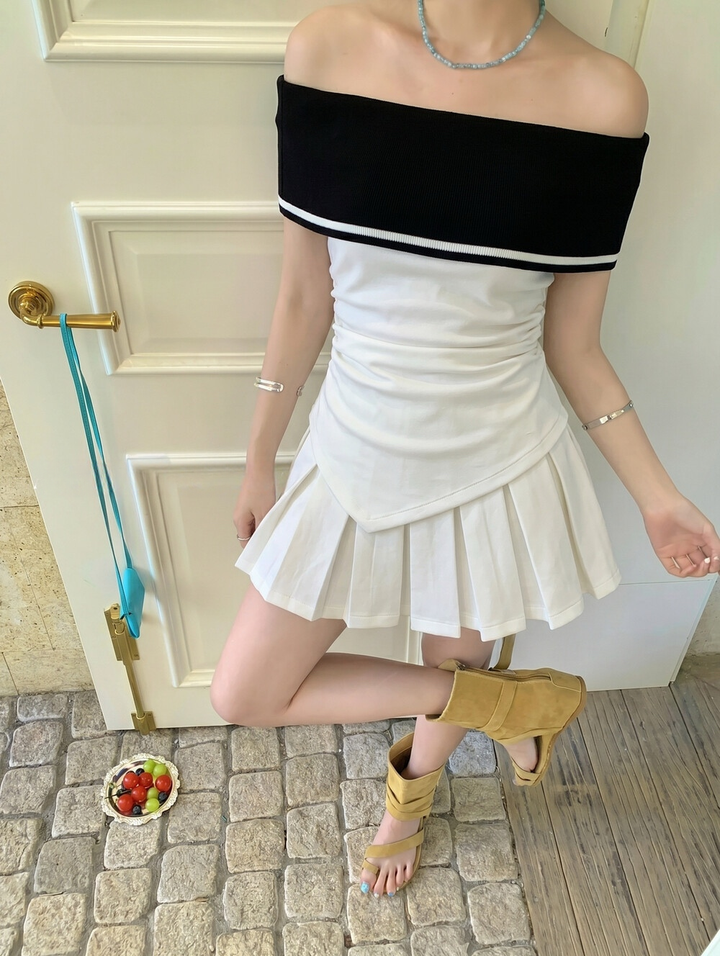 【set】オフショルトップス×プリーツスカートセット   N3659
