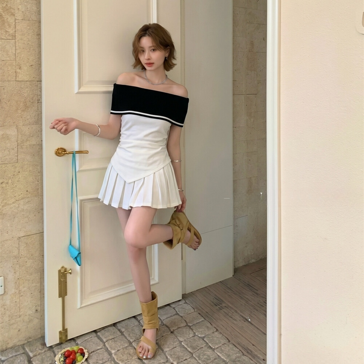 【set】オフショルトップス×プリーツスカートセット   N3659