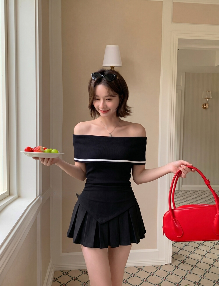 【set】オフショルトップス×プリーツスカートセット   N3659