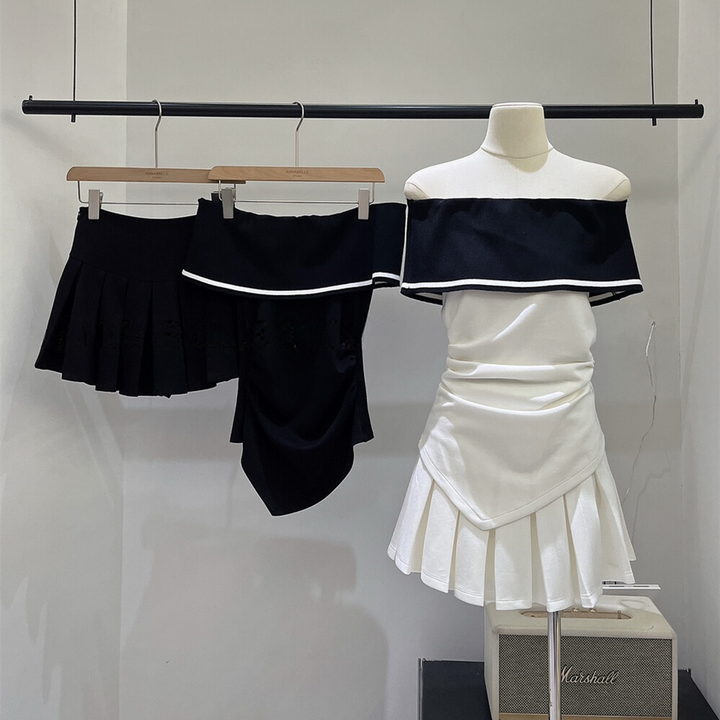【set】オフショルトップス×プリーツスカートセット   N3659