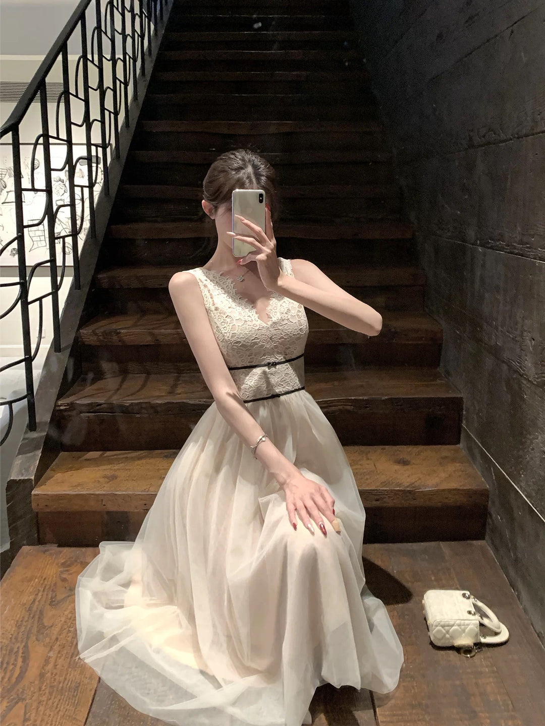 【dress】レースドッキングチュールワンピース　N3648
