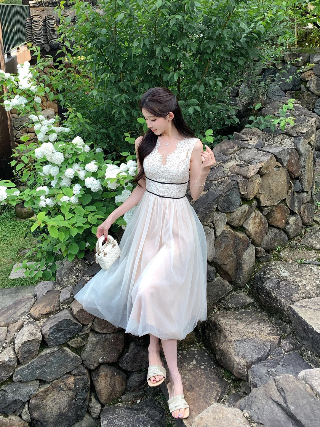 【dress】レースドッキングチュールワンピース　N3648