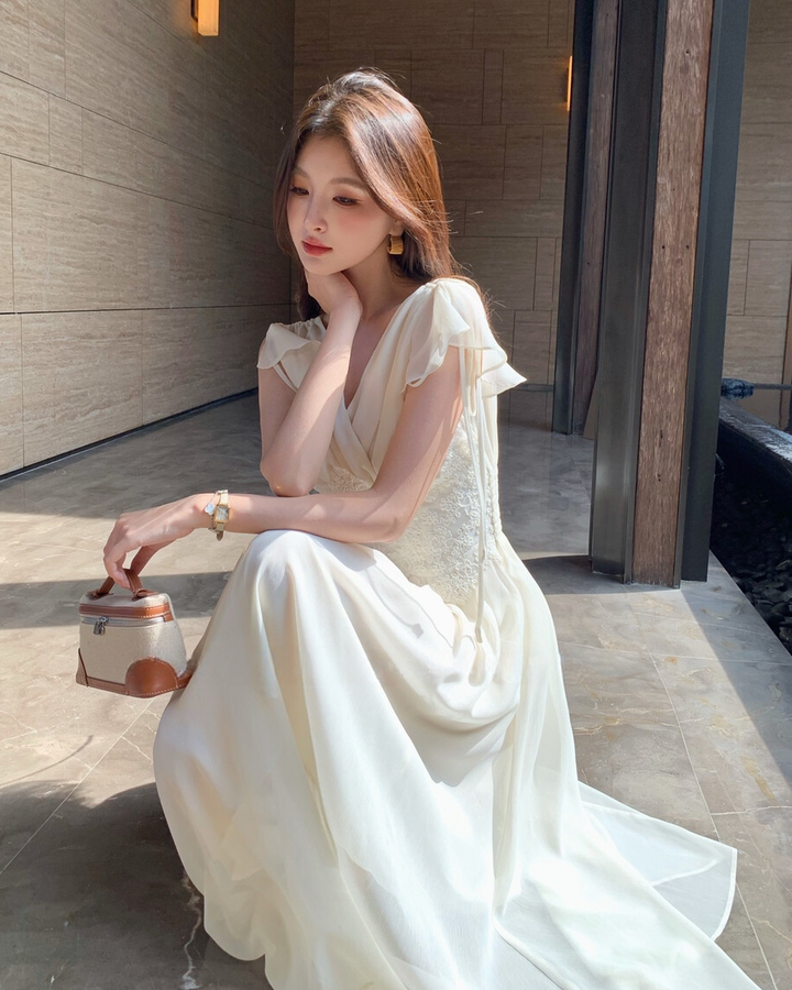 【dress】ウエストレースロングワンピース　K0585