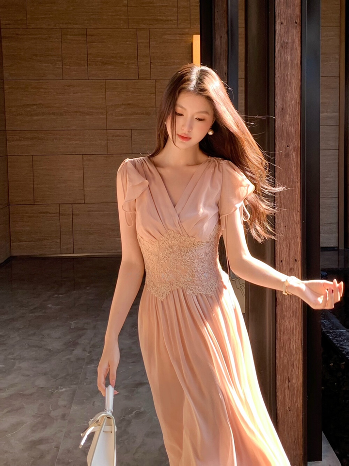 【dress】ウエストレースロングワンピース　K0585