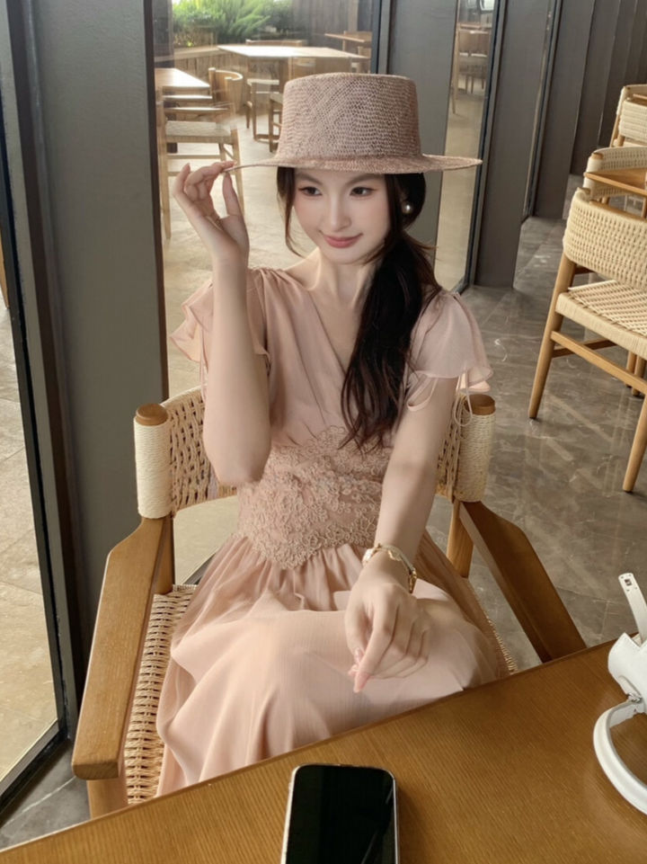 【dress】ウエストレースロングワンピース　K0585