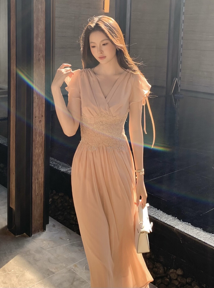 【dress】ウエストレースロングワンピース　K0585