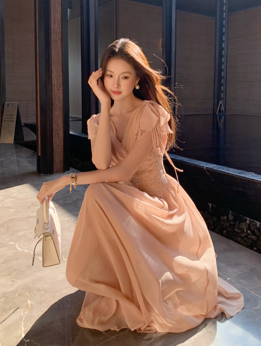 【dress】ウエストレースロングワンピース　K0585