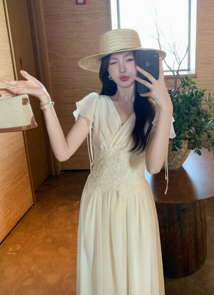 【dress】ウエストレースロングワンピース　K0585