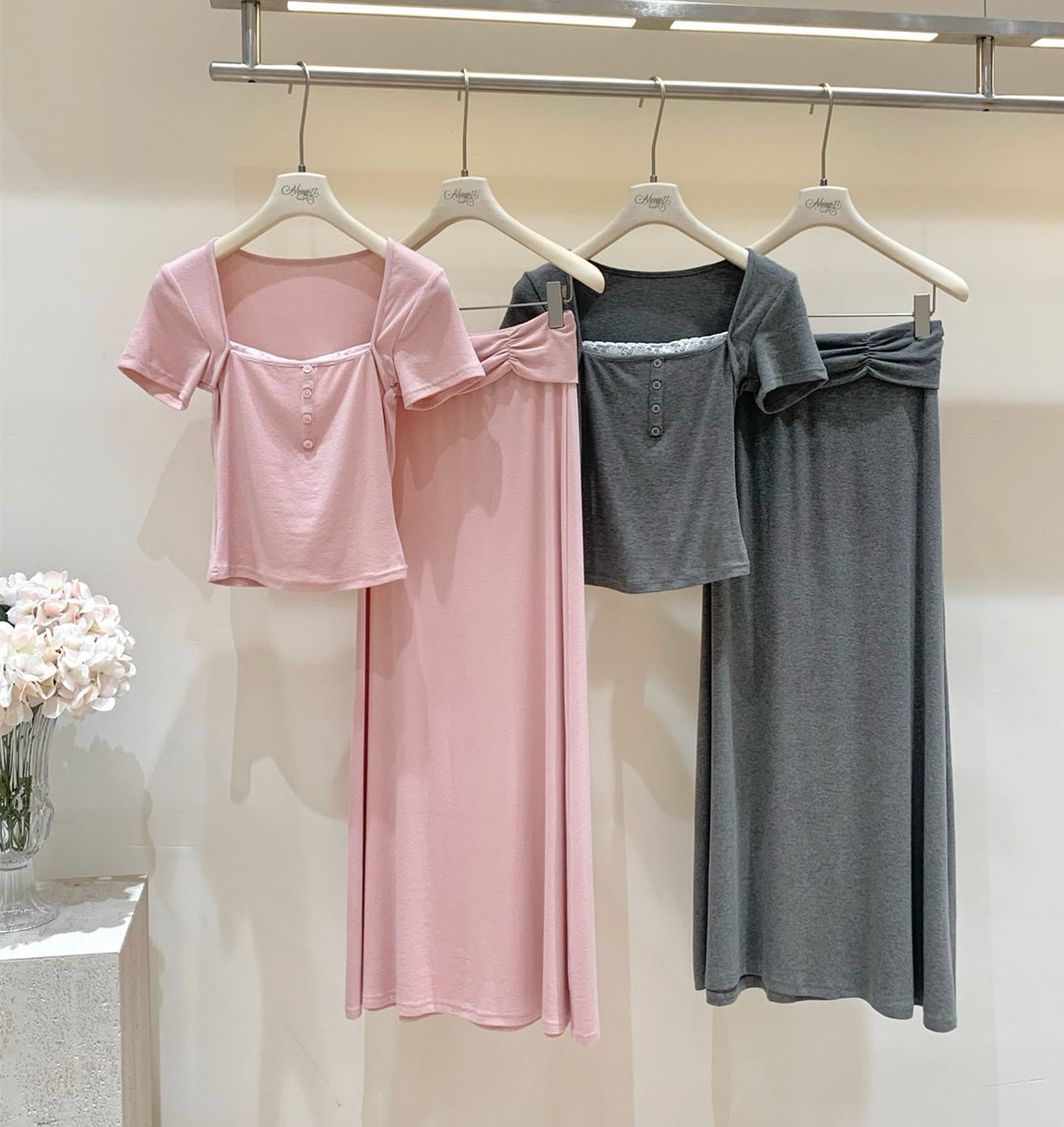 【set】レースドッキングトップス×ロングスカートセット   N3650