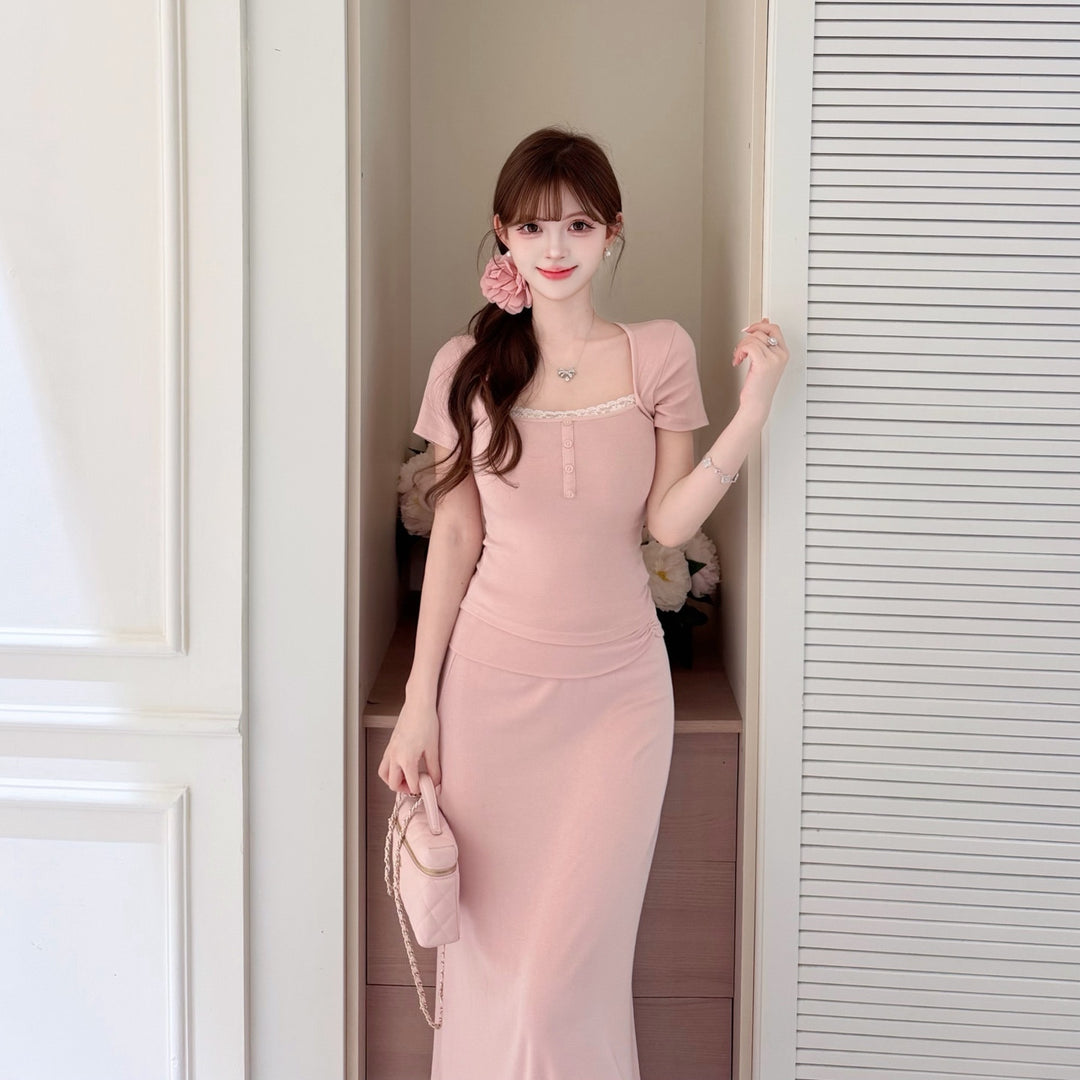【set】レースドッキングトップス×ロングスカートセット   N3650