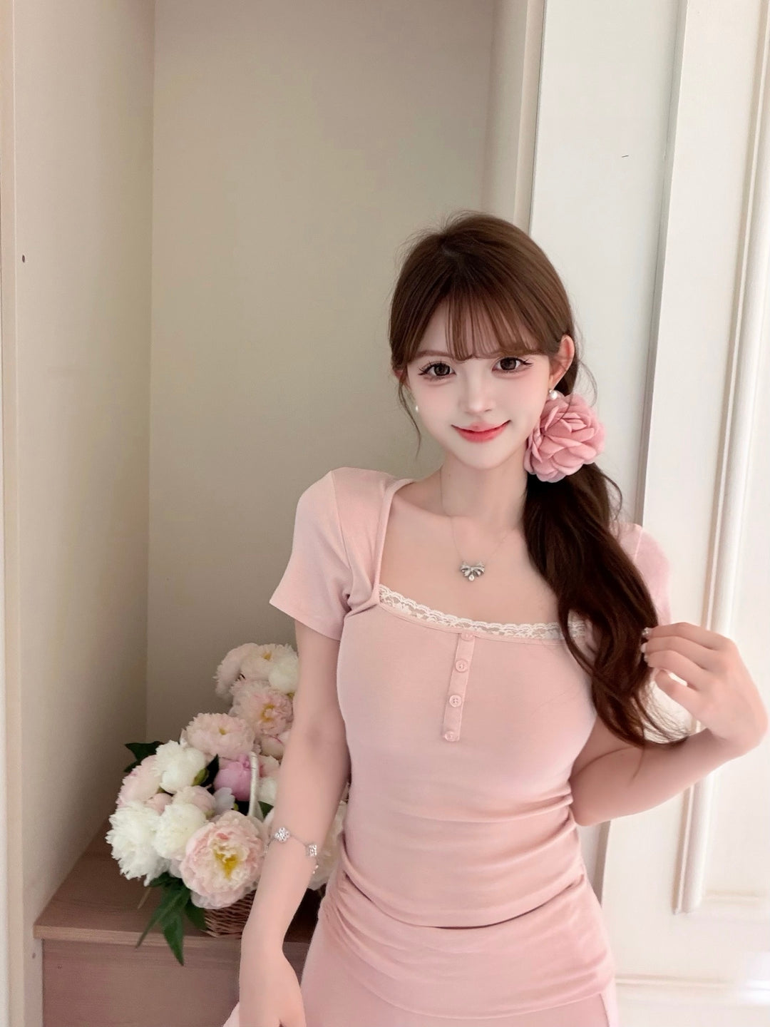 【set】レースドッキングトップス×ロングスカートセット   N3650