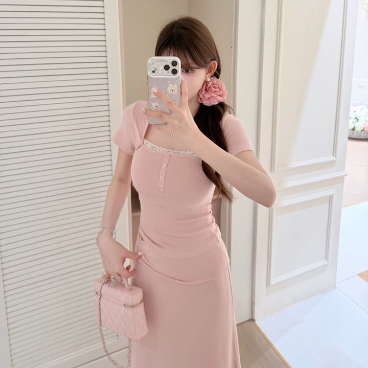 【set】レースドッキングトップス×ロングスカートセット   N3650