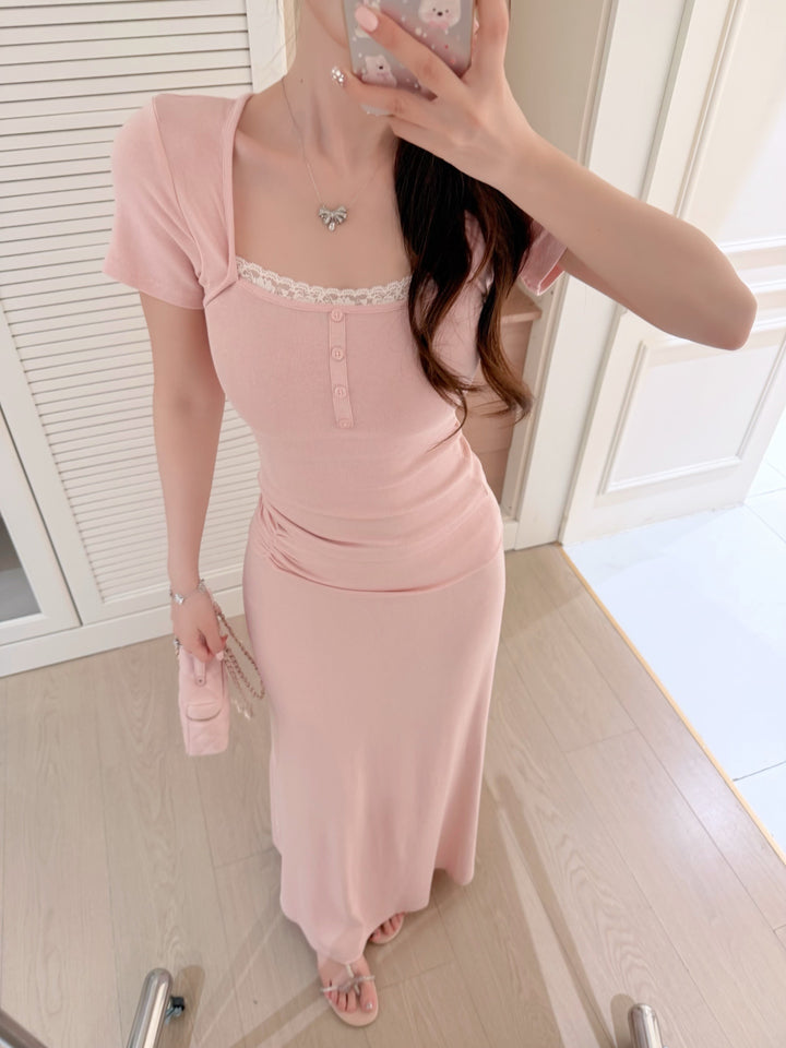 【set】レースドッキングトップス×ロングスカートセット   N3650