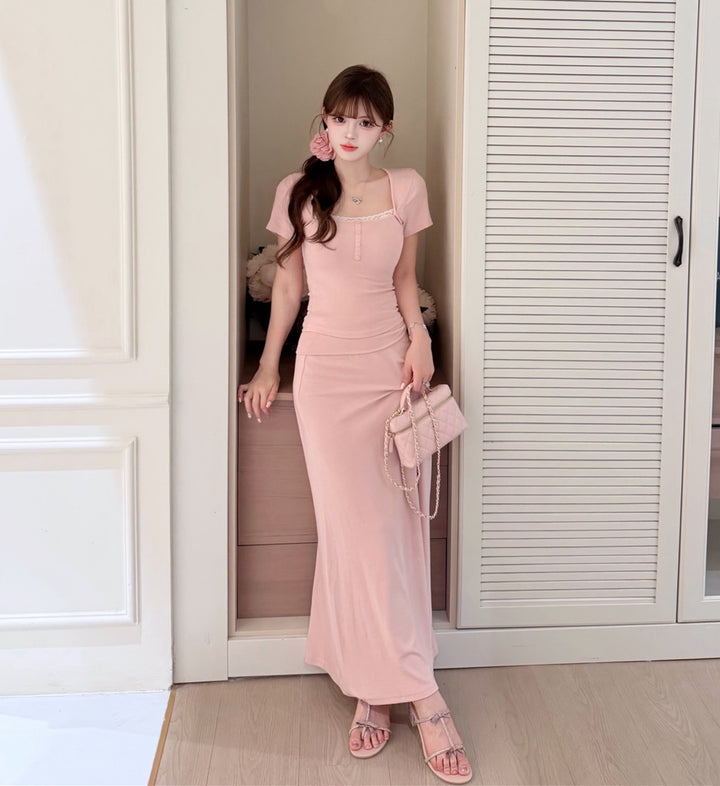 【set】レースドッキングトップス×ロングスカートセット   N3650