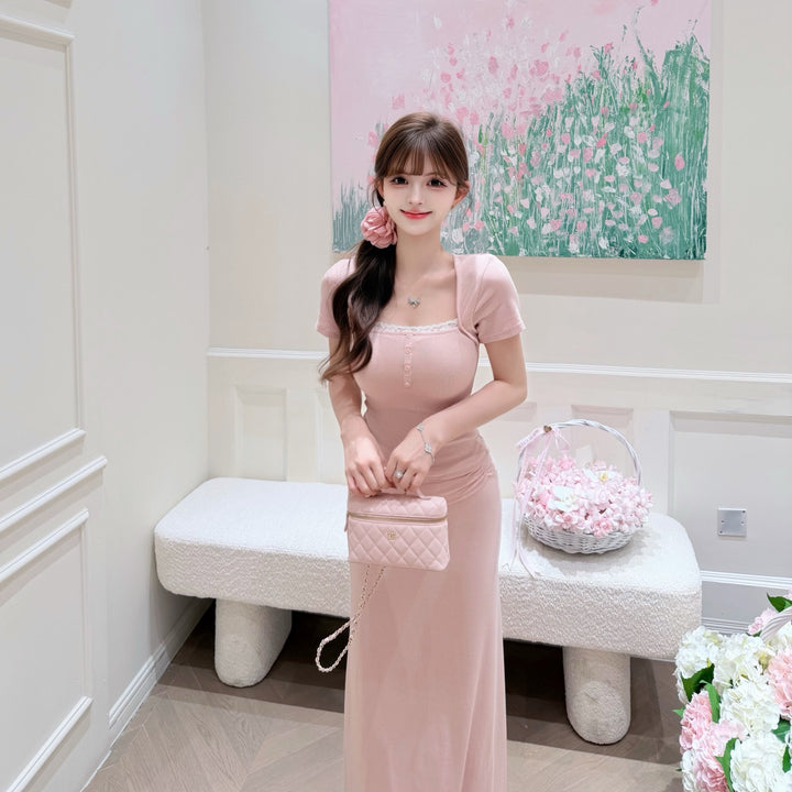 【set】レースドッキングトップス×ロングスカートセット   N3650