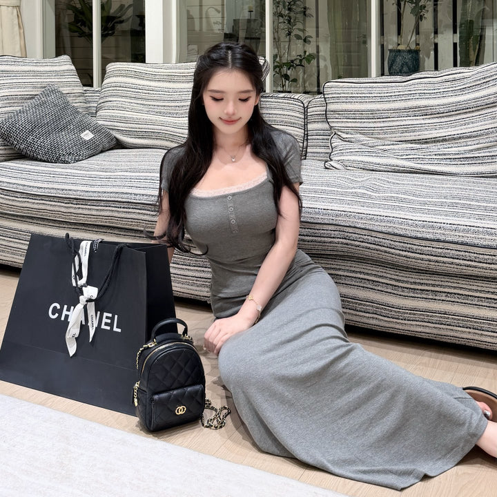 【set】レースドッキングトップス×ロングスカートセット   N3650