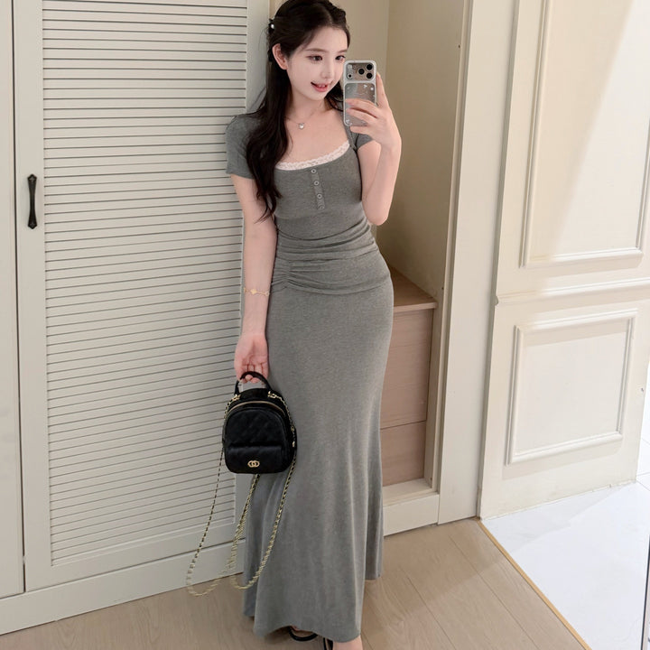 【set】レースドッキングトップス×ロングスカートセット   N3650
