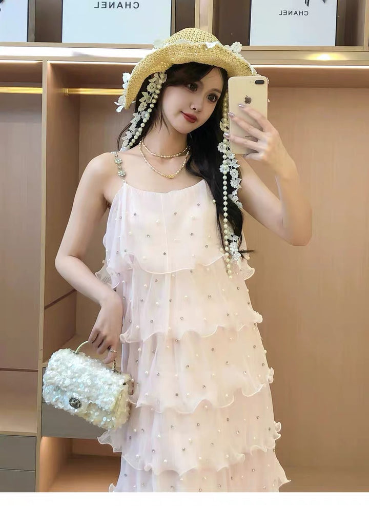 【dress】パールフリルティアードロングワンピース　N3653