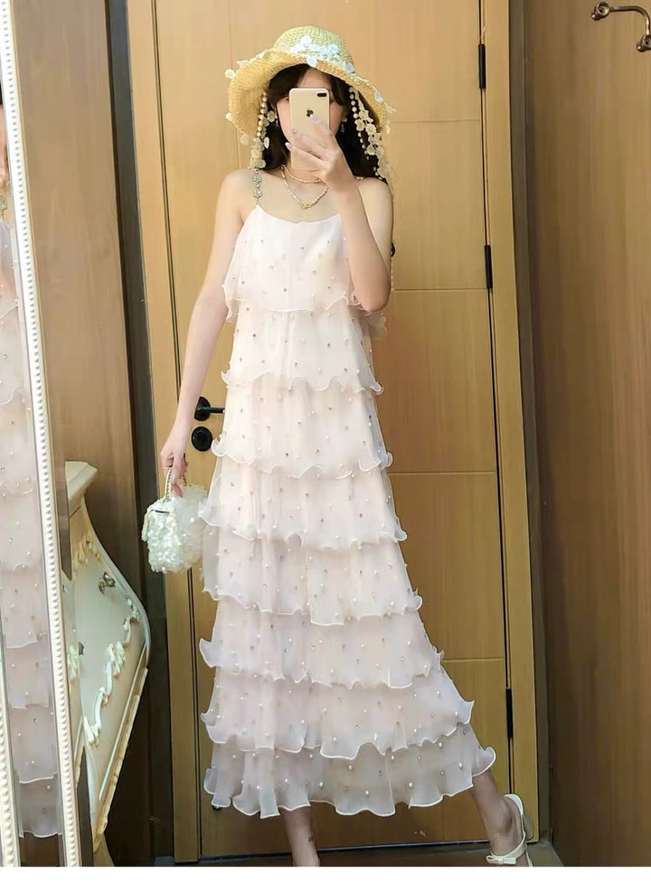 【dress】パールフリルティアードロングワンピース　N3653