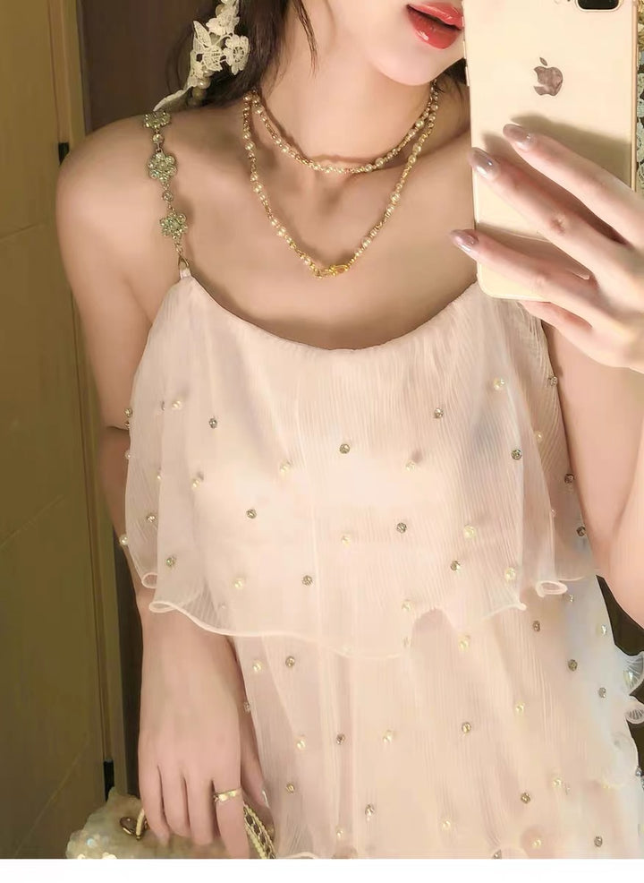 【dress】パールフリルティアードロングワンピース　N3653