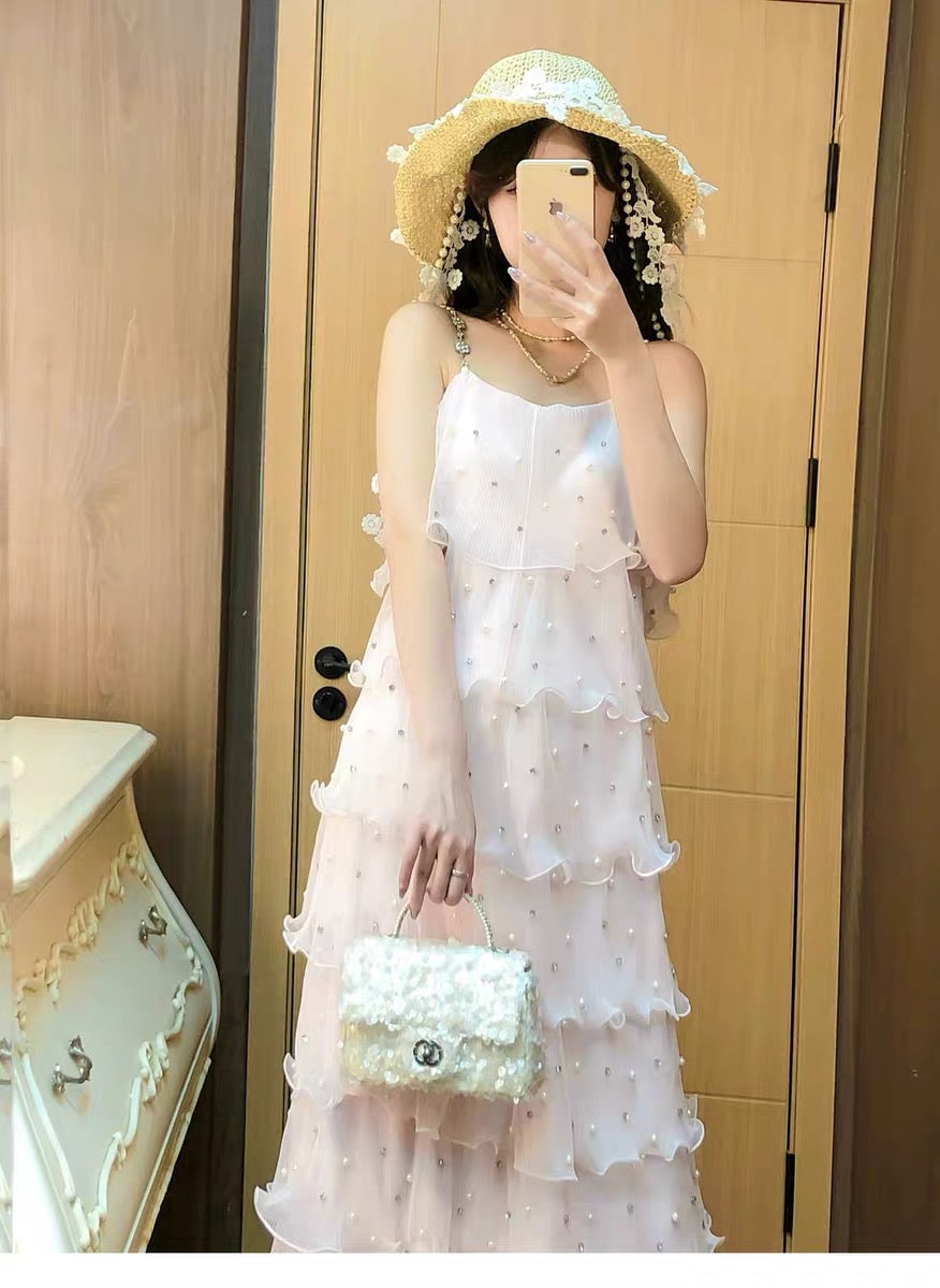 【dress】パールフリルティアードロングワンピース　N3653