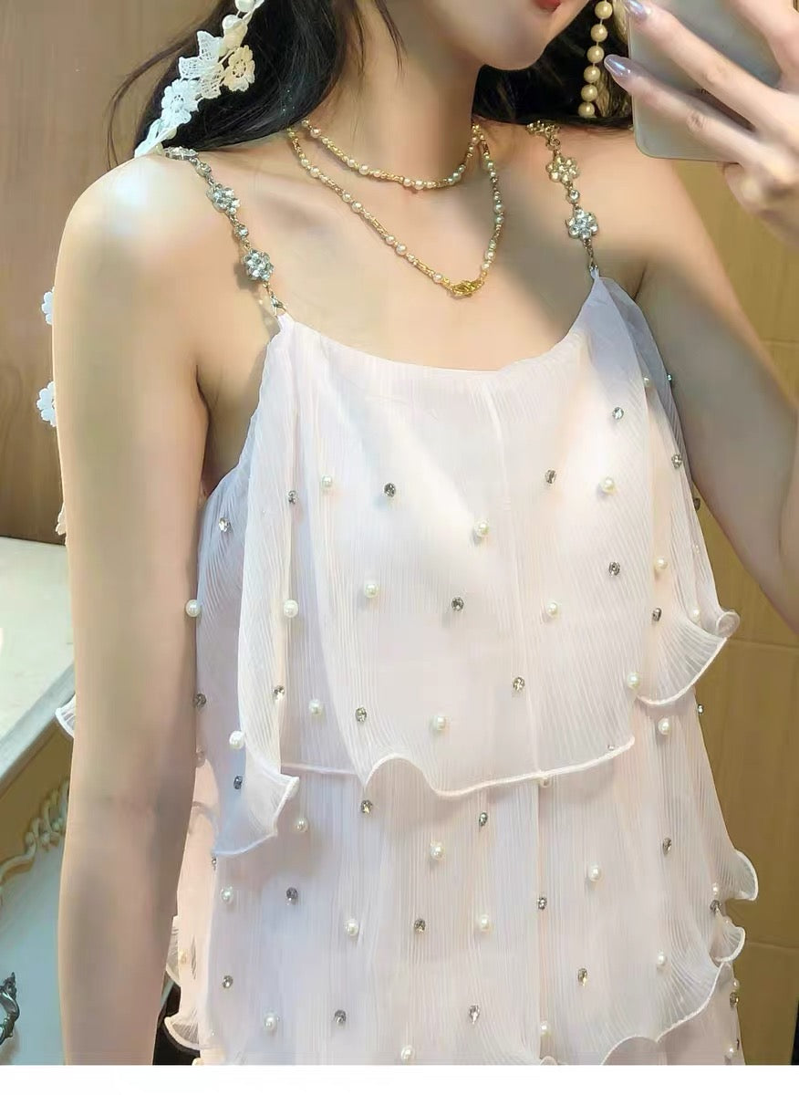 【dress】パールフリルティアードロングワンピース　N3653