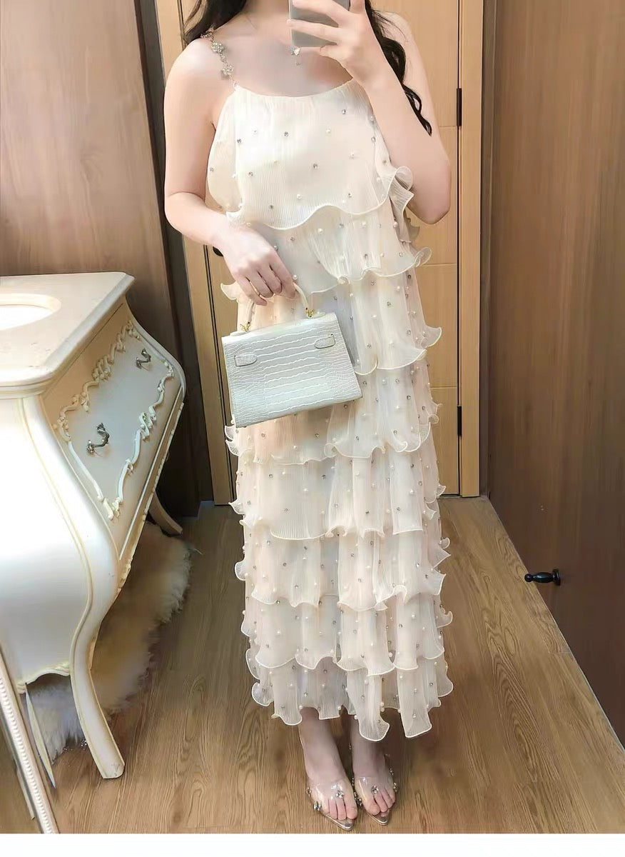 【dress】パールフリルティアードロングワンピース　N3653