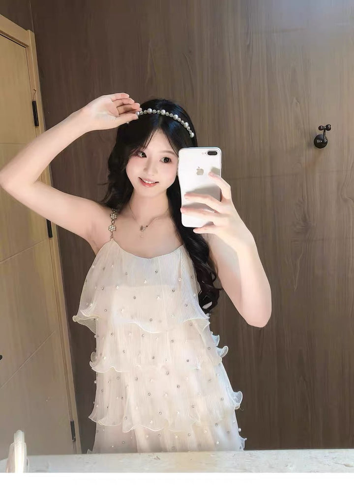 【dress】パールフリルティアードロングワンピース　N3653