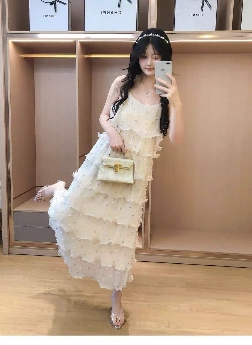 【dress】パールフリルティアードロングワンピース　N3653