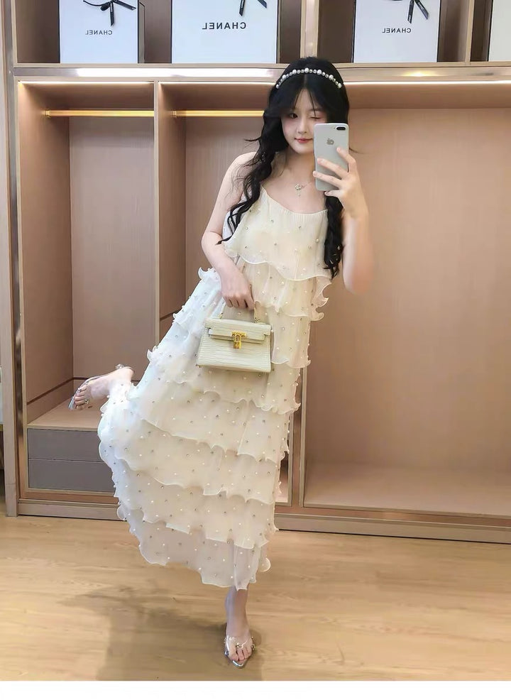 【dress】パールフリルティアードロングワンピース　N3653