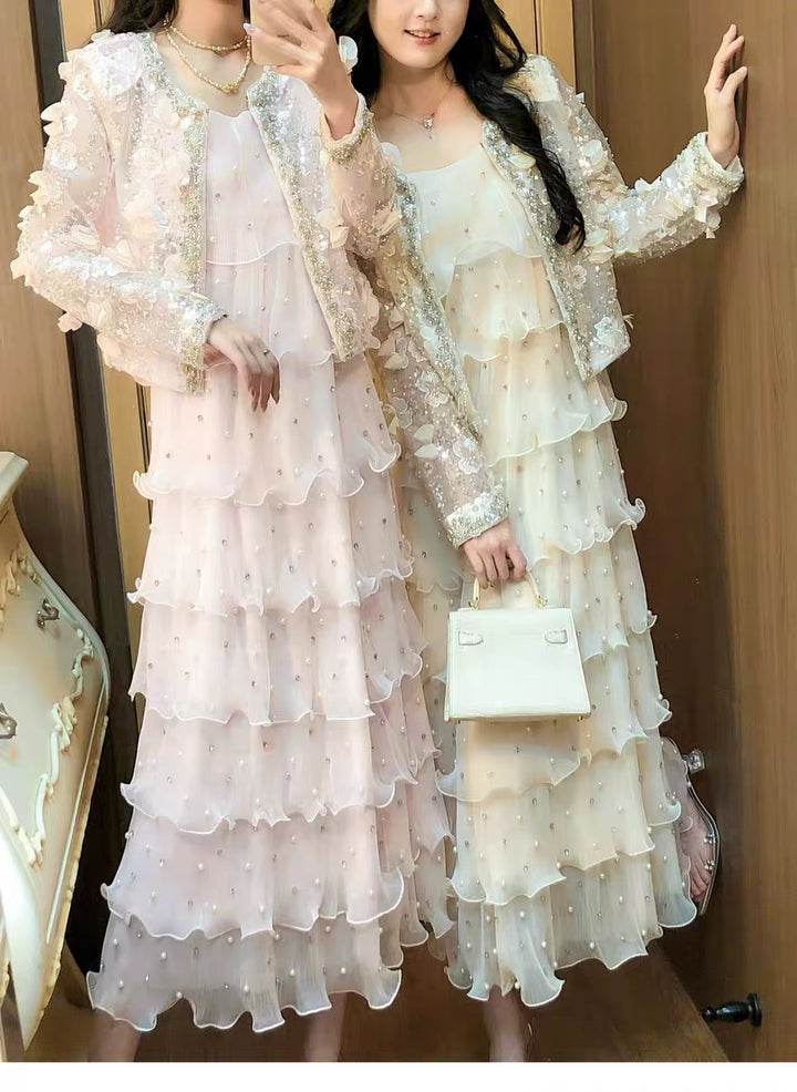 【dress】パールフリルティアードロングワンピース　N3653