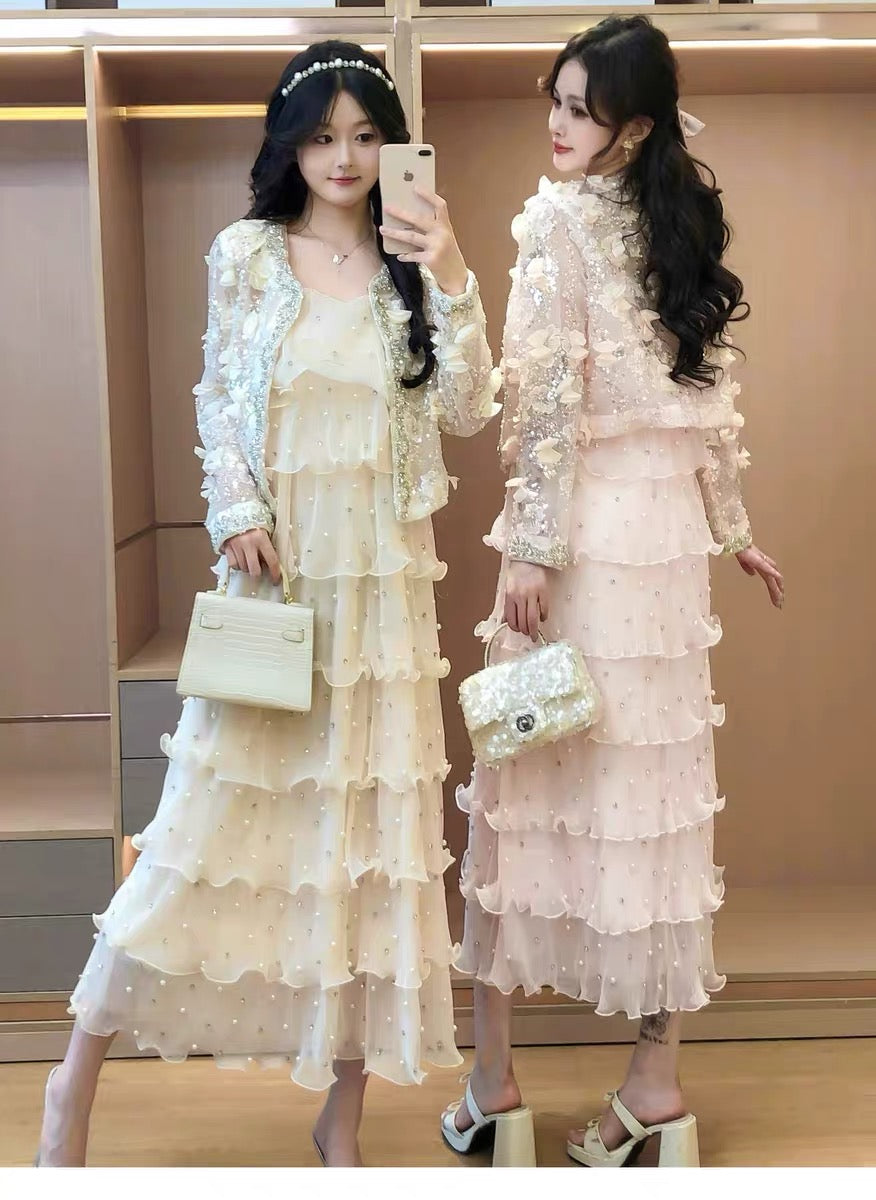 【dress】パールフリルティアードロングワンピース　N3653