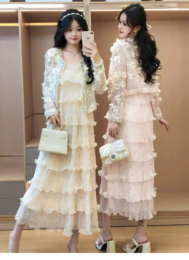 【dress】パールフリルティアードロングワンピース　N3653