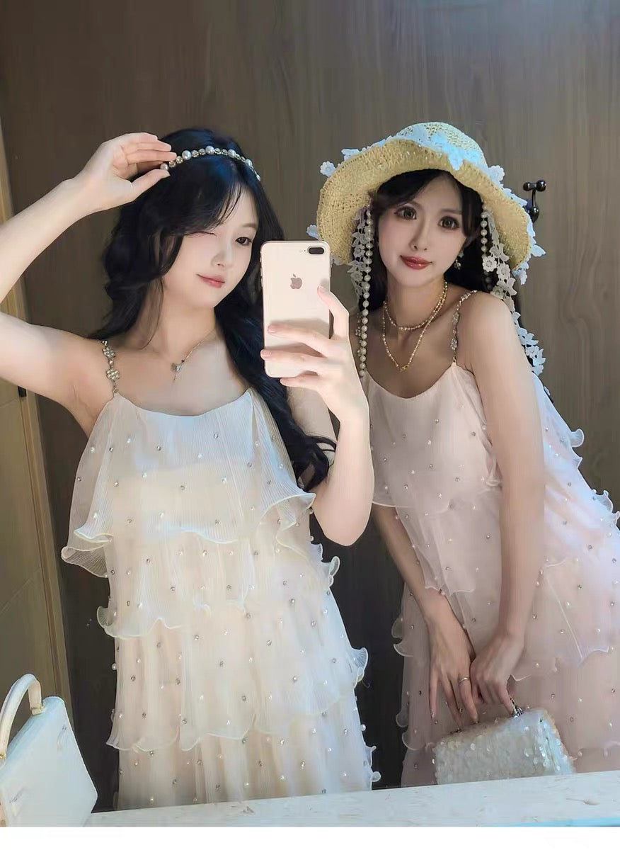 【dress】パールフリルティアードロングワンピース　N3653