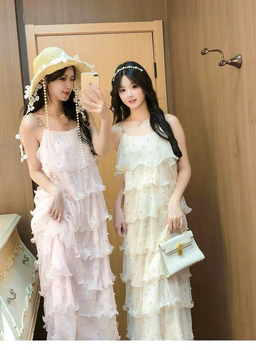【dress】パールフリルティアードロングワンピース　N3653