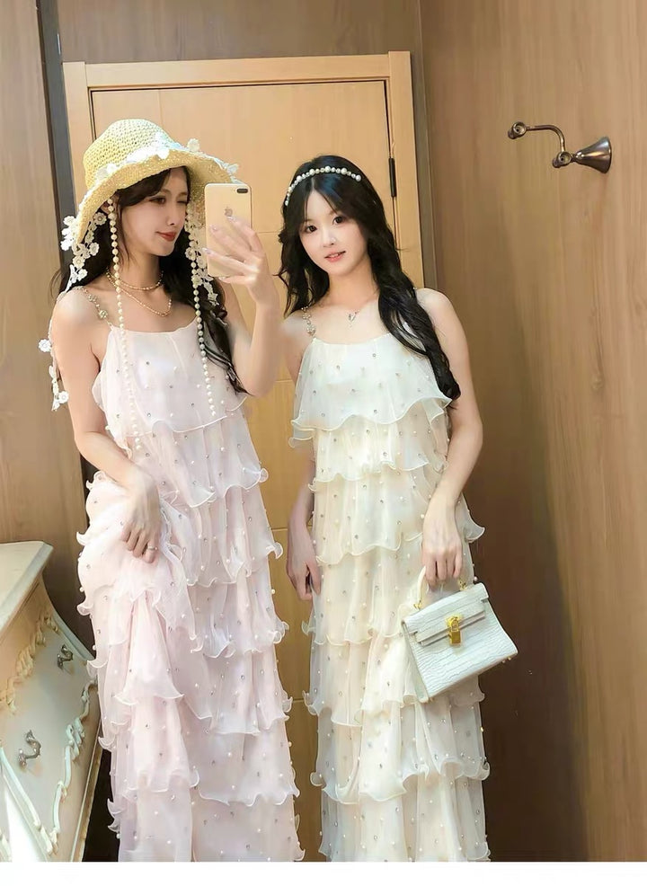 【dress】パールフリルティアードロングワンピース　N3653