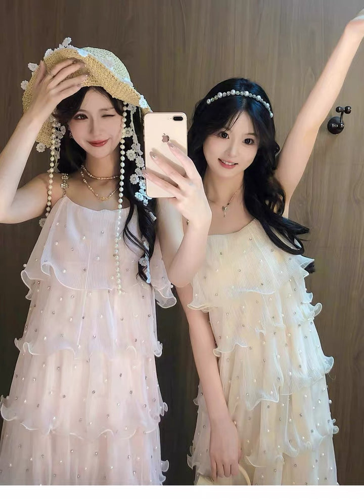【dress】パールフリルティアードロングワンピース　N3653