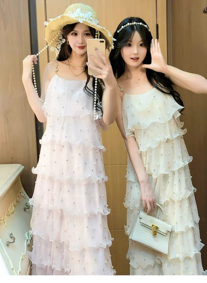 【dress】パールフリルティアードロングワンピース　N3653