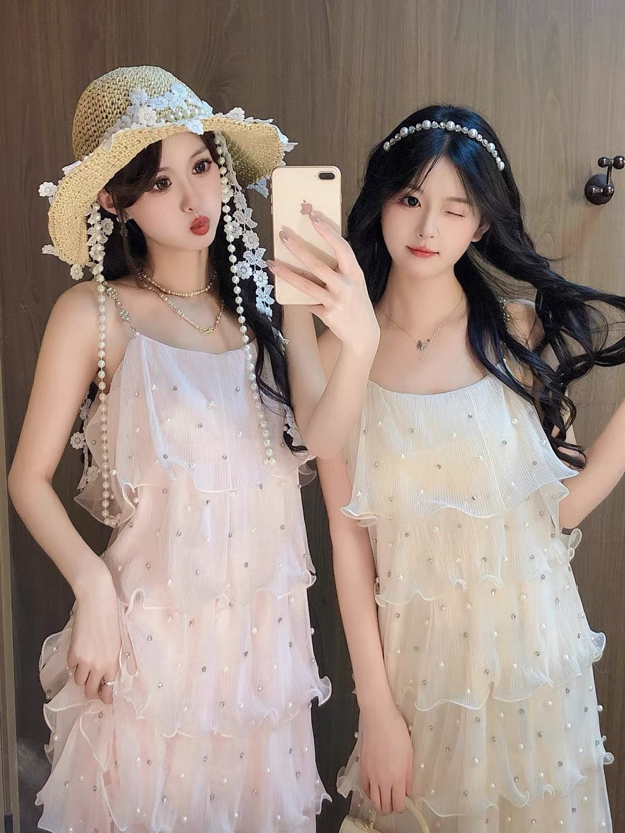 【dress】パールフリルティアードロングワンピース　N3653