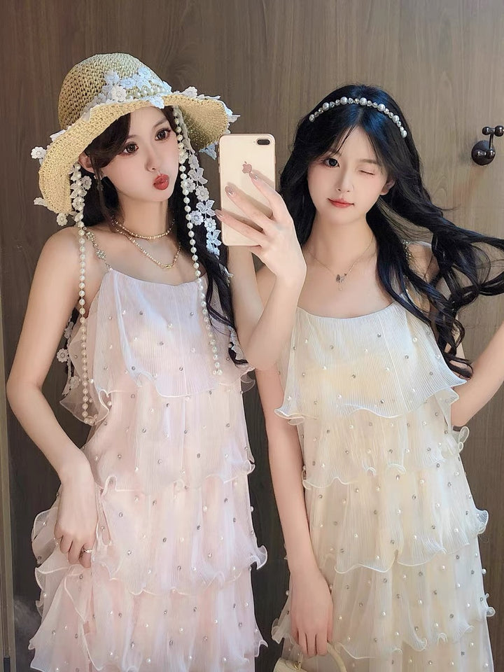 【dress】パールフリルティアードロングワンピース　N3653