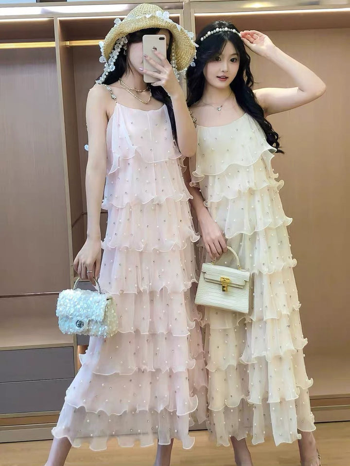 【dress】パールフリルティアードロングワンピース　N3653