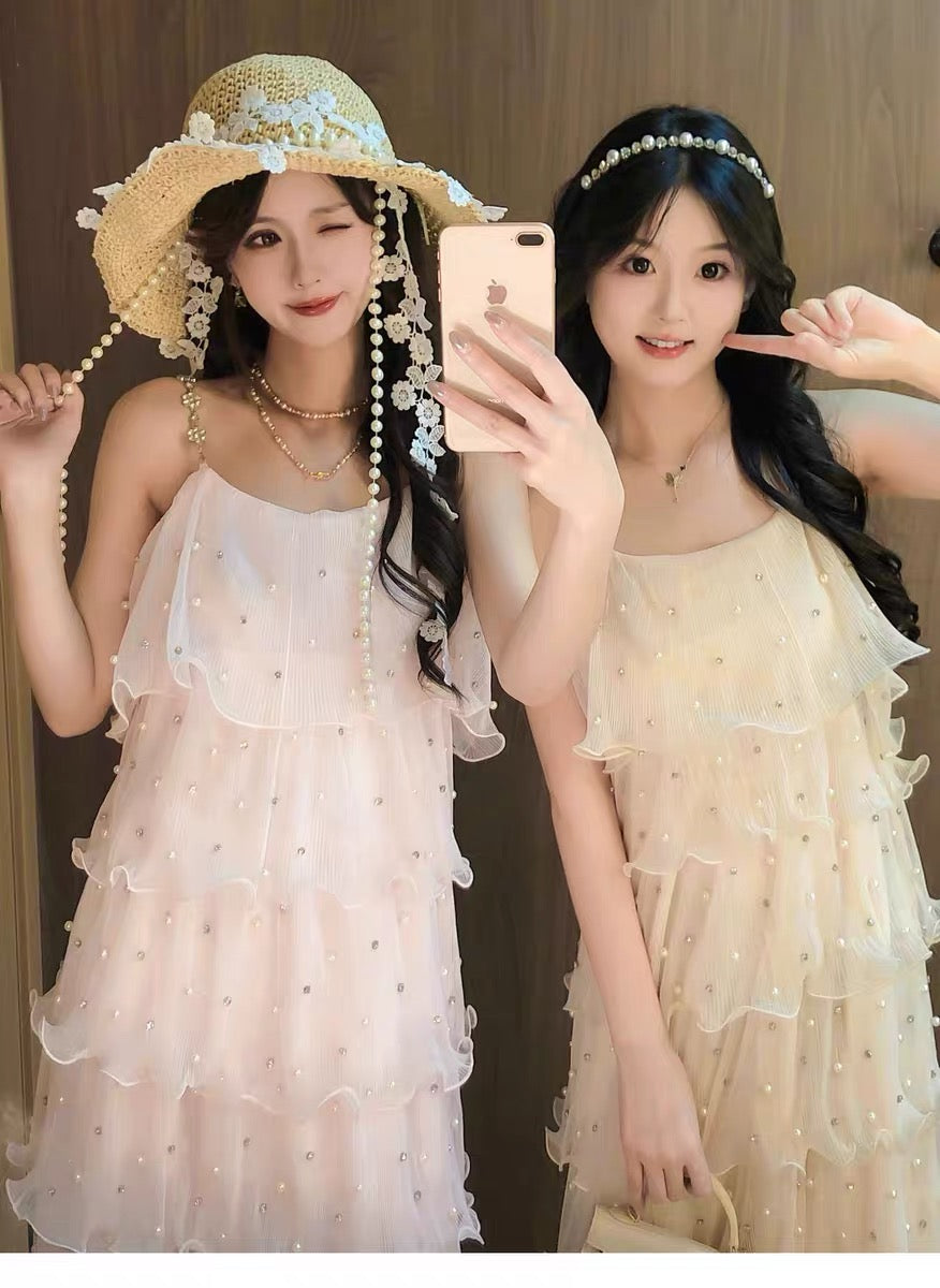 【dress】パールフリルティアードロングワンピース　N3653