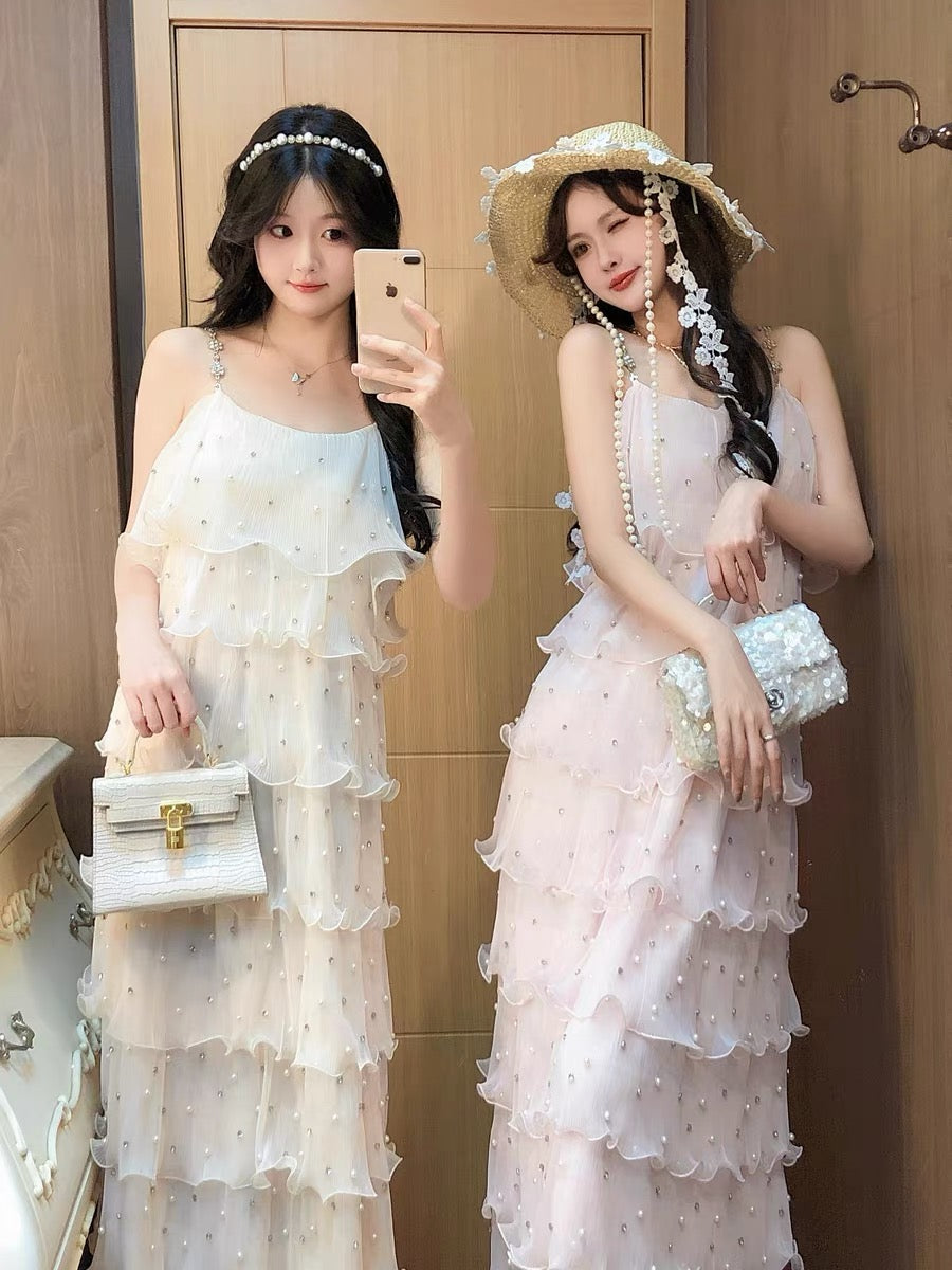 【dress】パールフリルティアードロングワンピース　N3653