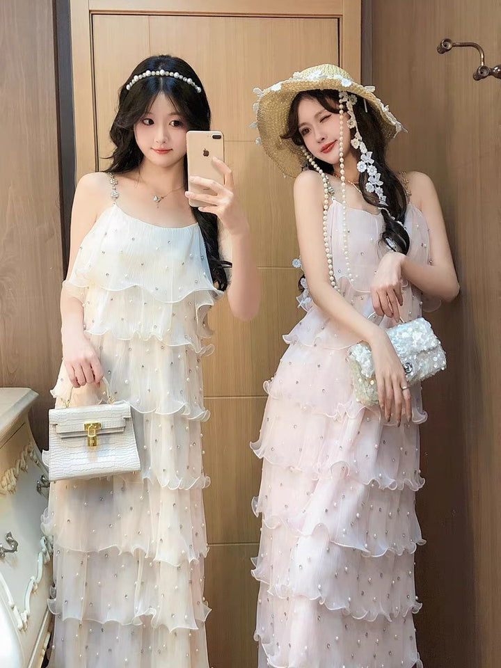 【dress】パールフリルティアードロングワンピース　N3653