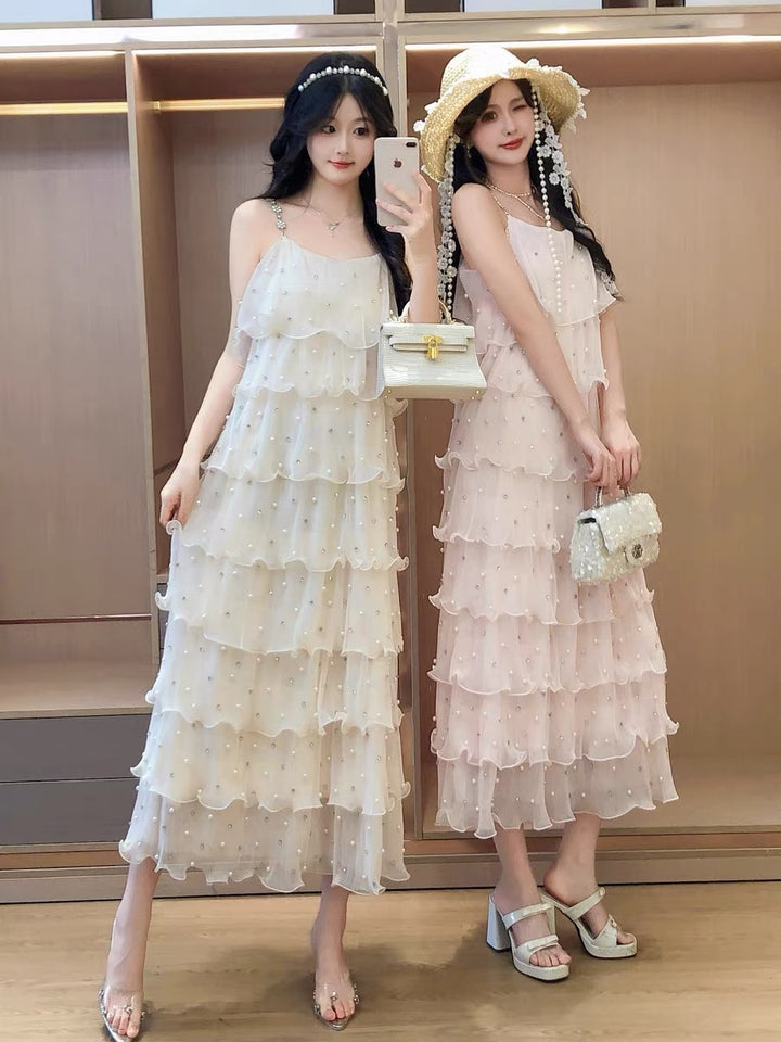 【dress】パールフリルティアードロングワンピース　N3653