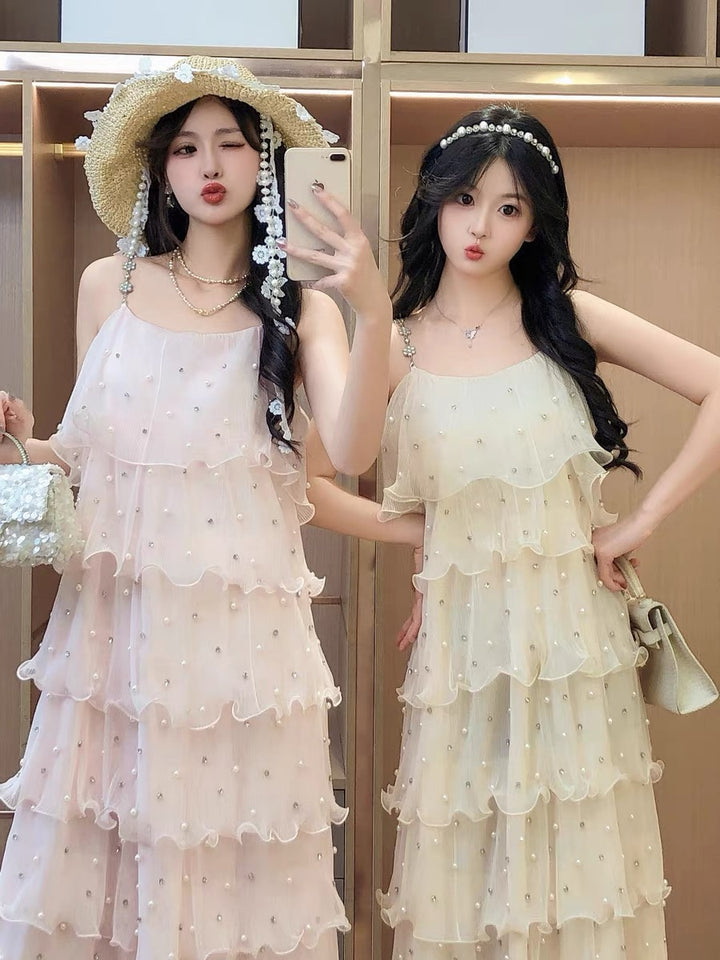 【dress】パールフリルティアードロングワンピース　N3653