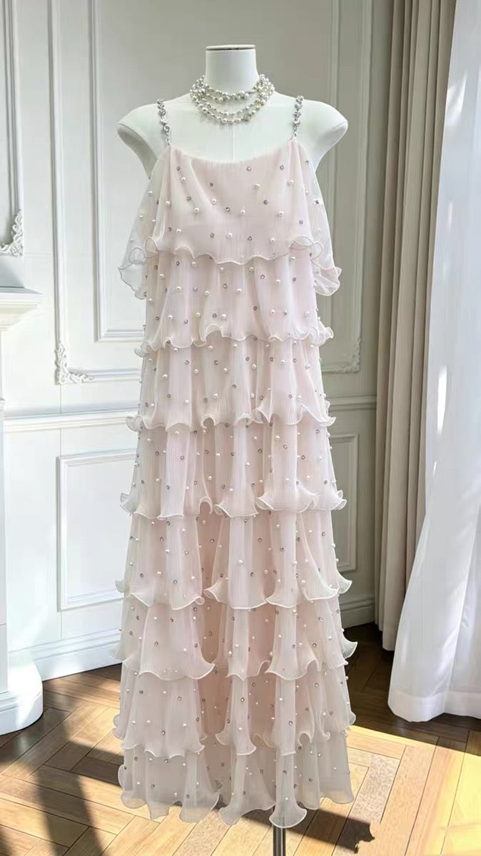 【dress】パールフリルティアードロングワンピース　N3653