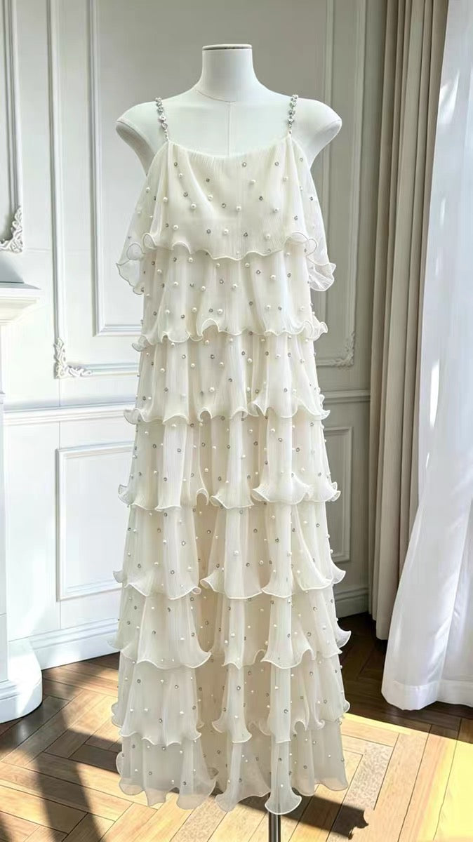 【dress】パールフリルティアードロングワンピース　N3653